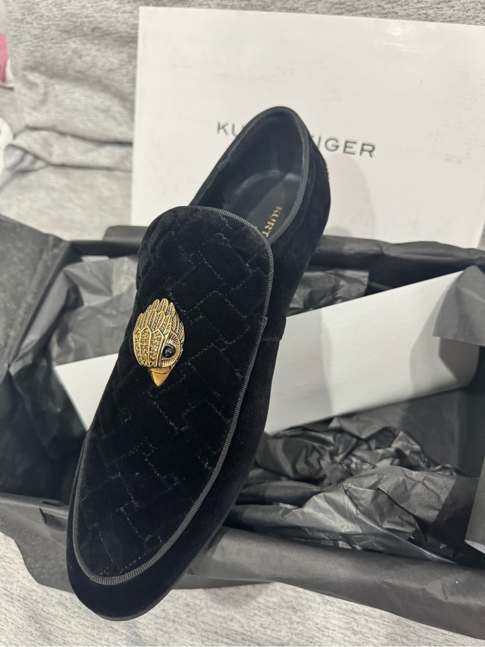 Kurt Geiger Black Velvet Loafer with Gold Bird Emblem